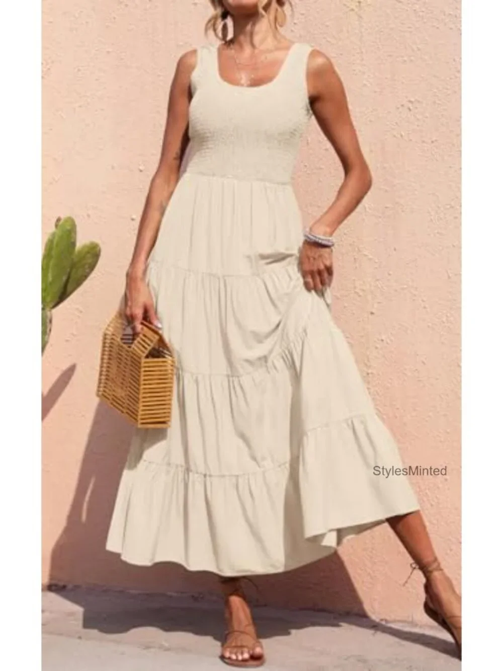 PRETTYGARDEN Sleeveless Smocked Maxi Sundress with Pockets, Tiered Flowy Long